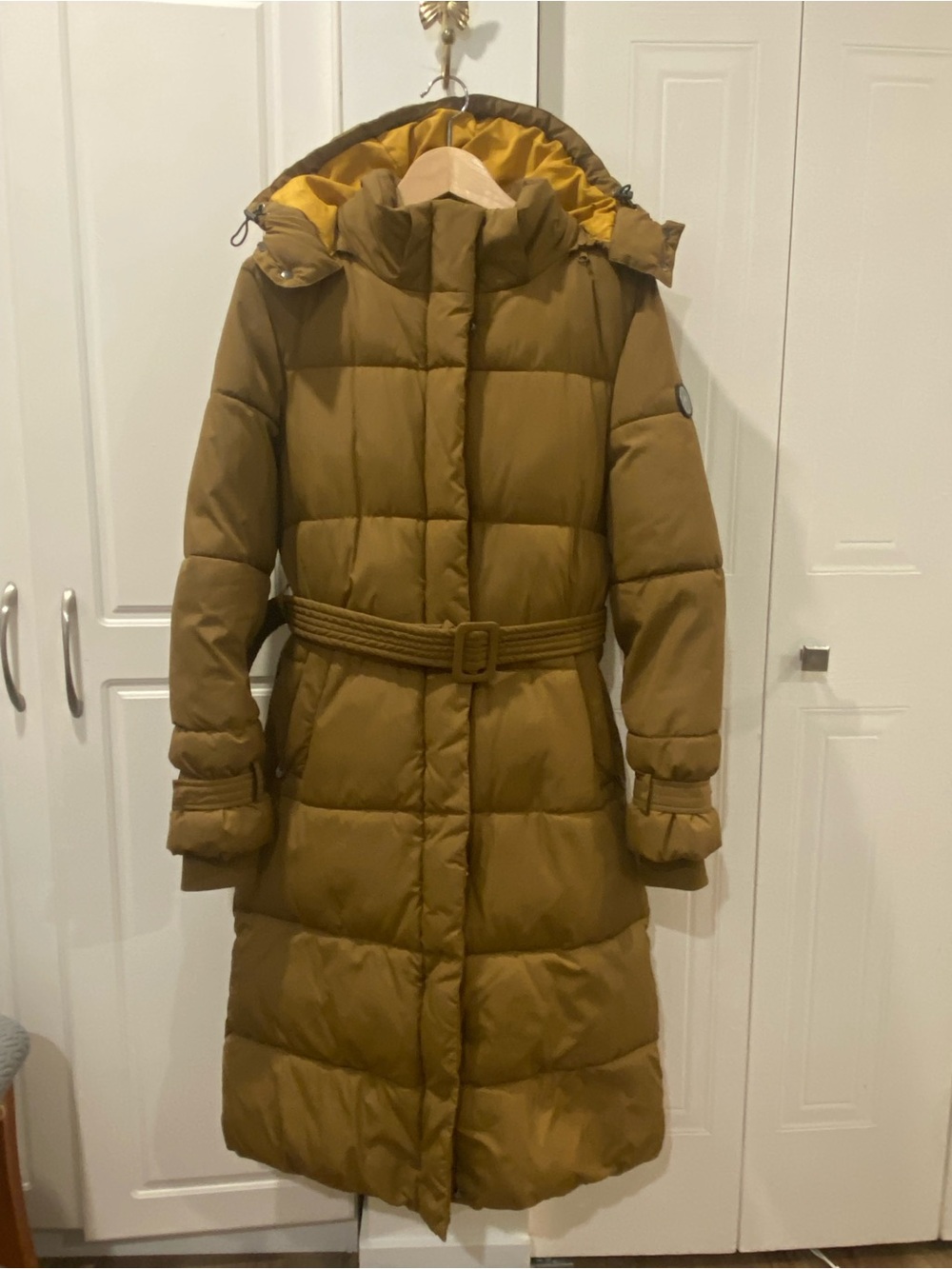 Noize Women's Long Quilted Belted Puffer Coat - Mustard with Yellow Lining